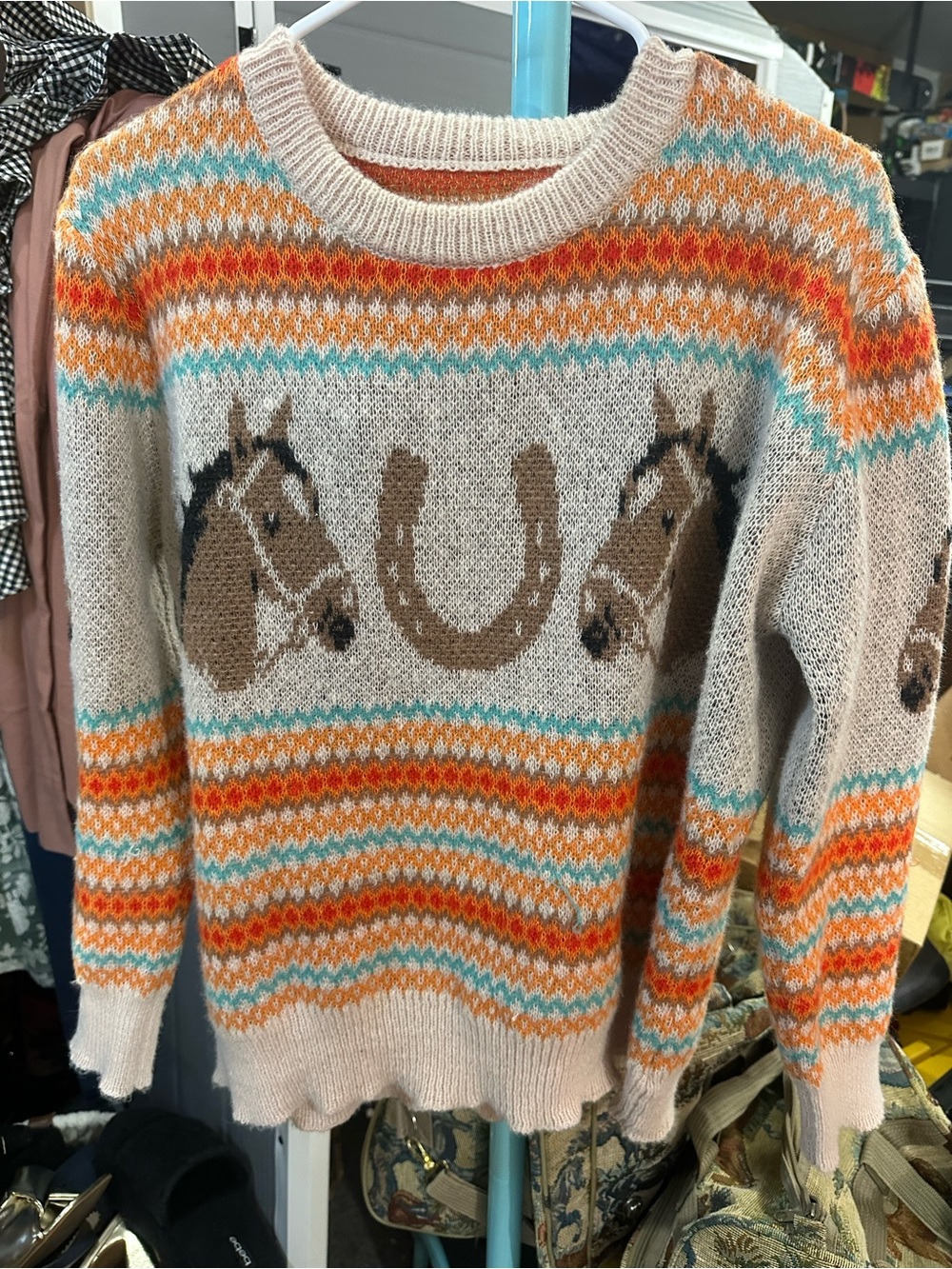 Cream Horse Motif Crewneck Sweater with Orange & Teal Accents